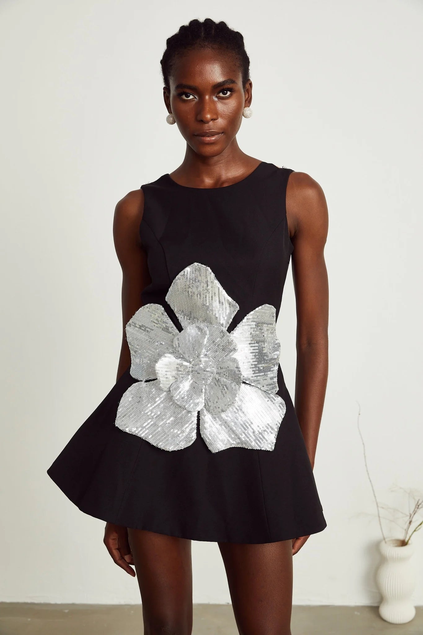 Monica Mini Dress Black Sequin Floral ALine Open Back
