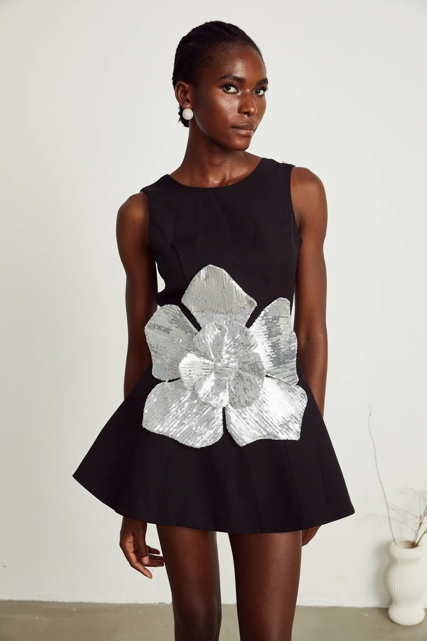Monica Mini Dress Black Sequin Floral ALine Open Back