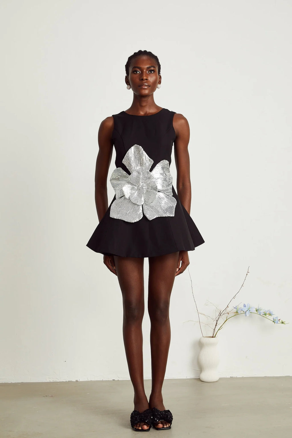 Monica Mini Dress Black Sequin Floral ALine Open Back
