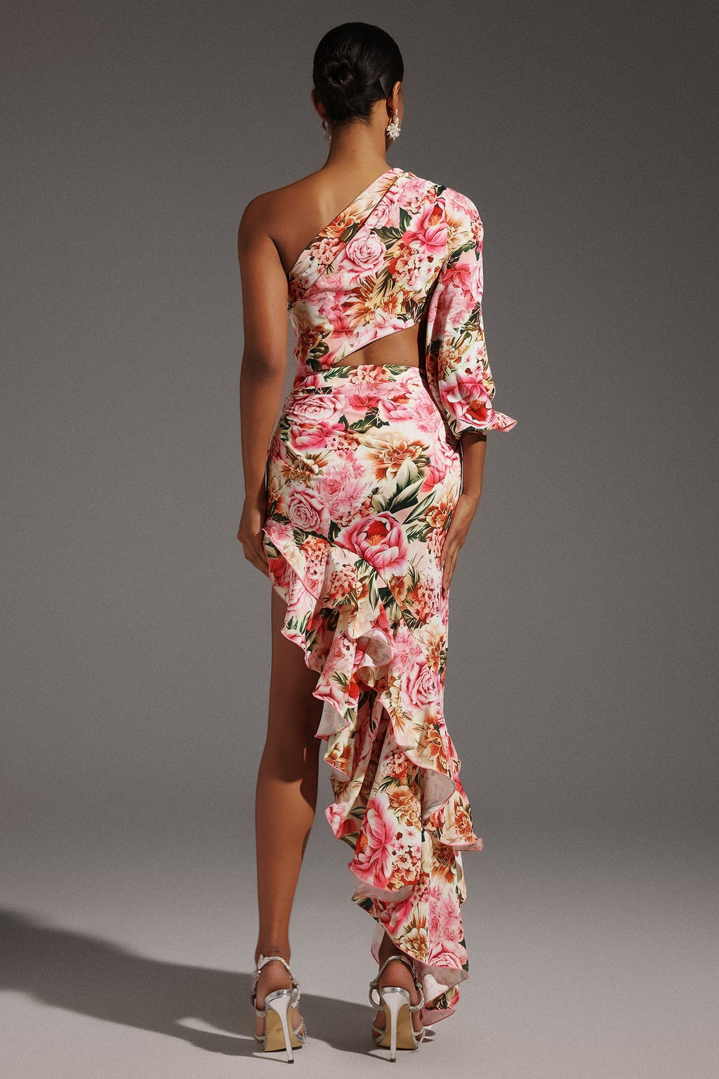Monica Pink Floral One-Shoulder Dress with Hollow Out Detail and Ruffled Hem for Special Occasions