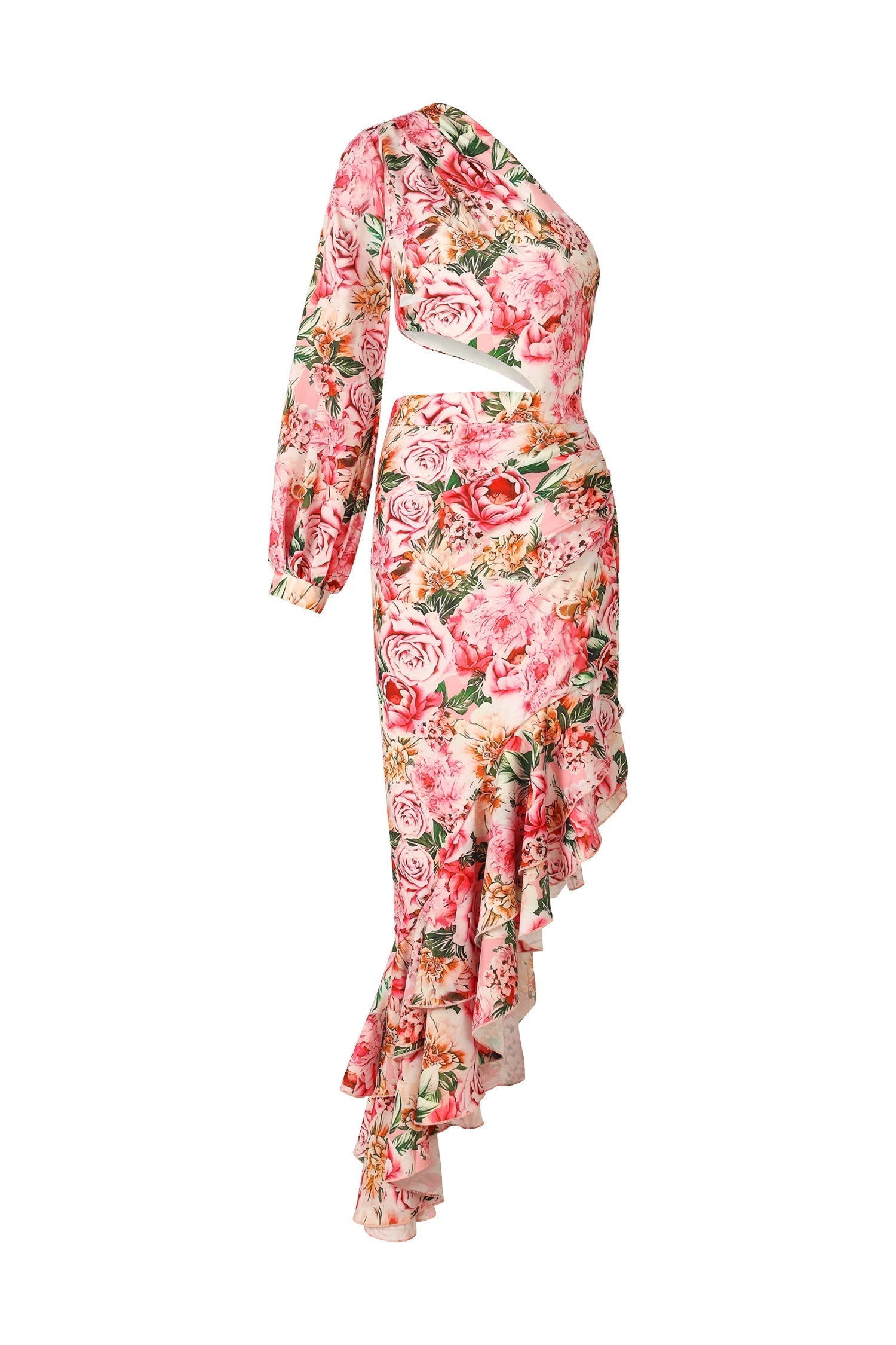 Monica Pink Floral One-Shoulder Dress with Hollow Out Detail and Ruffled Hem for Special Occasions