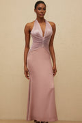 Morgan Gown - V - Neck - Halterneck - Sleeveless - Cinched Waist - Satin Finish