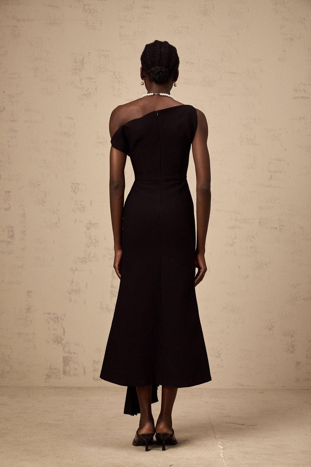 Morgan Midi Dress Black Asymmetric Pleated Draped & Zippered