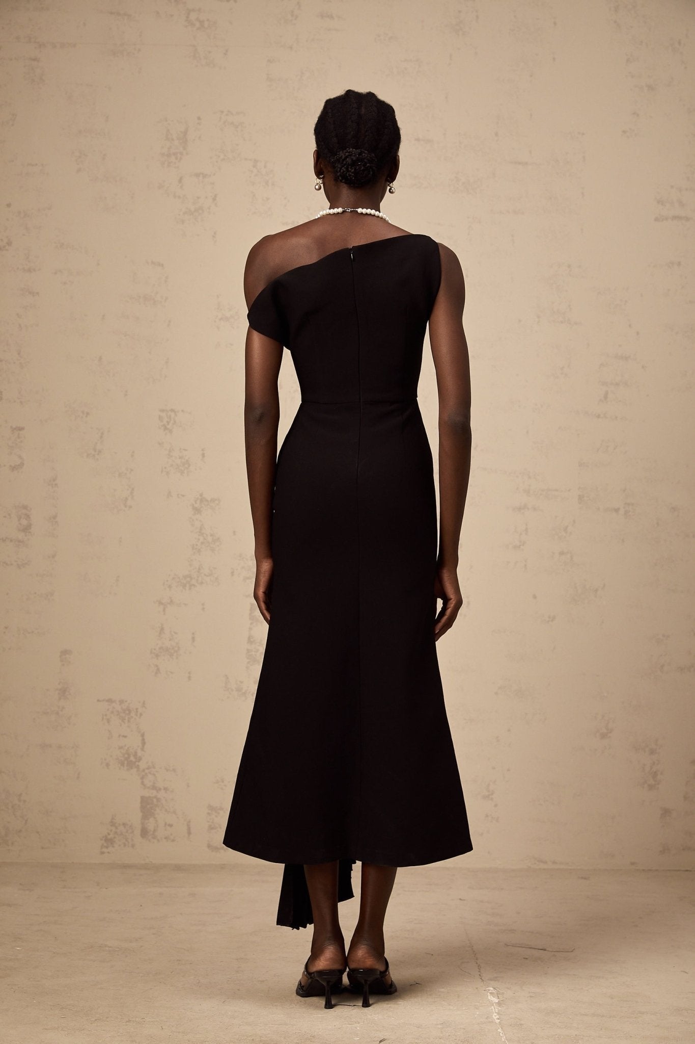 Morgan Midi Dress Black Asymmetric Pleated Draped & Zippered