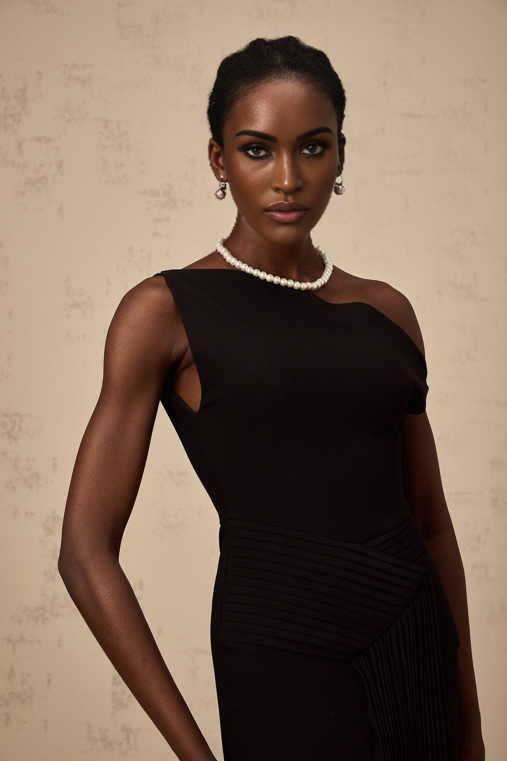 Morgan Midi Dress Black Asymmetric Pleated Draped & Zippered