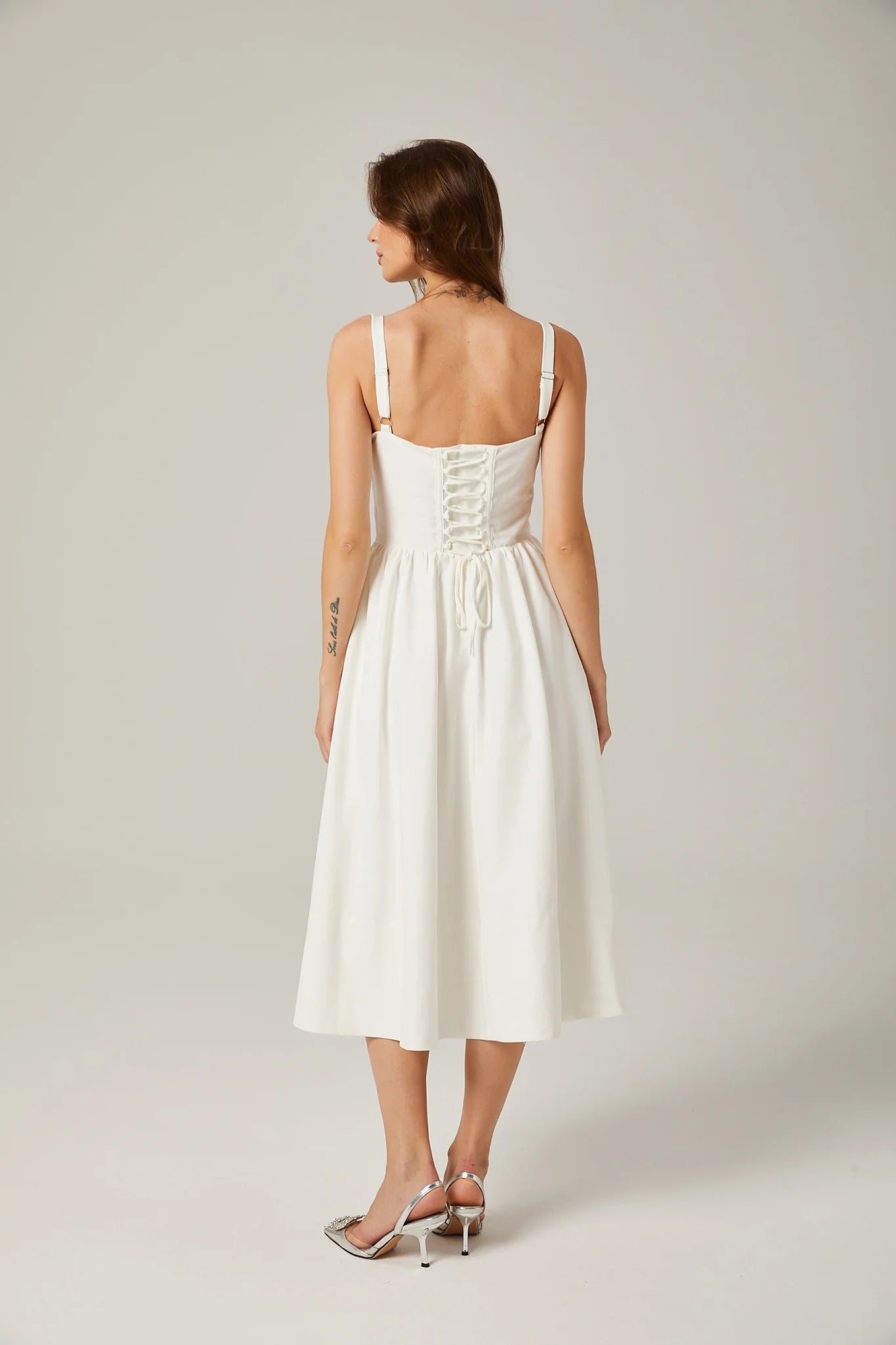 Morgan Midi Dress White Bustier Corset Pleat Side Slit Pockets