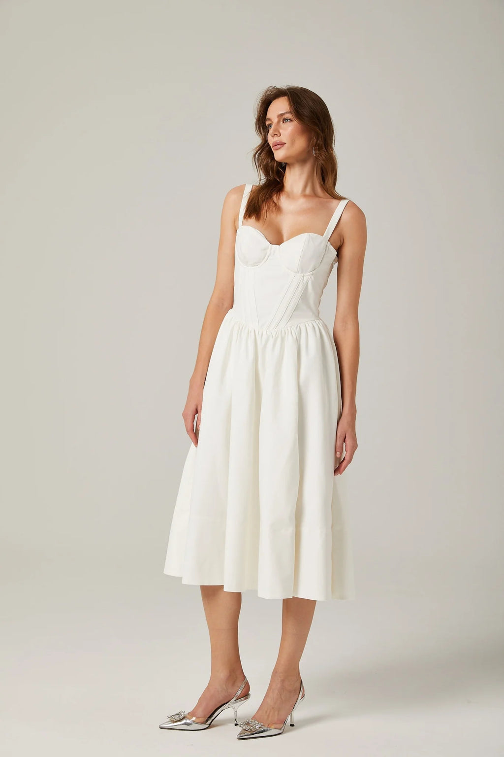 Morgan Midi Dress White Bustier Corset Pleat Side Slit Pockets