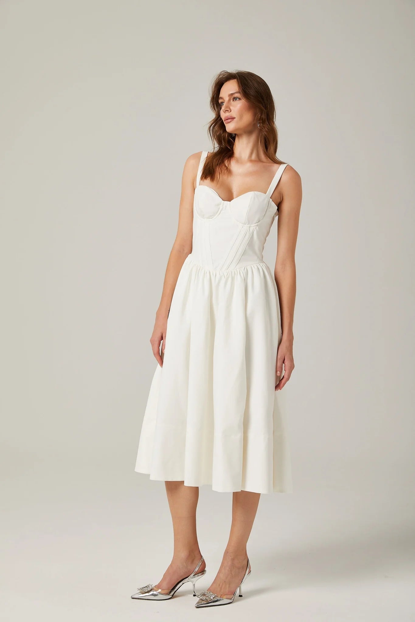 Morgan Midi Dress White Bustier Corset Pleat Side Slit Pockets