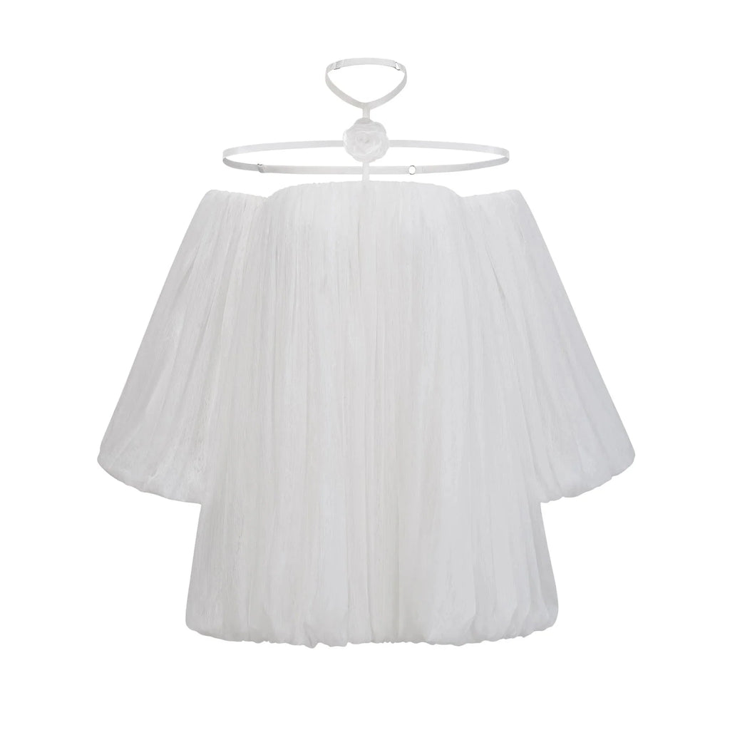 Morgan Mini Dress White Pleated Tulle Floral Applique