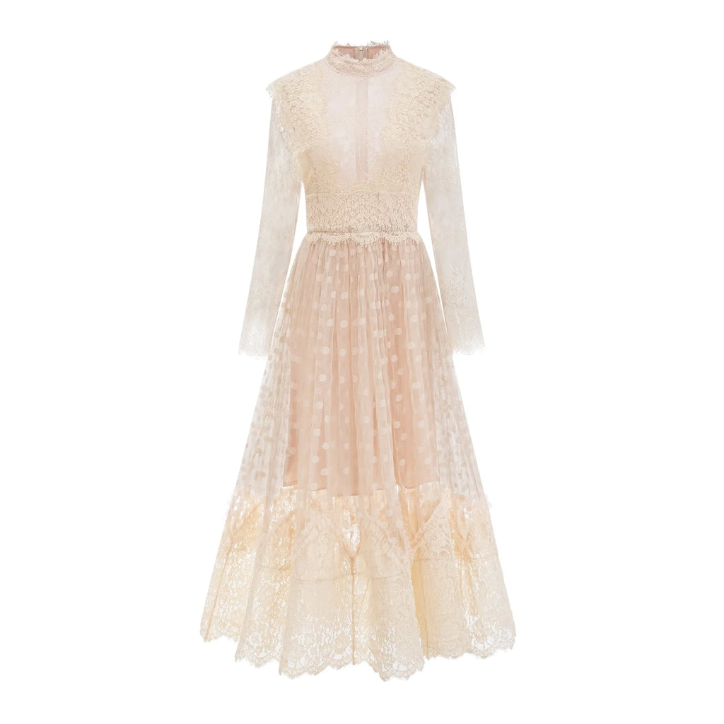 Morgan Polka - Dot Lace - Trim Midi Dress
