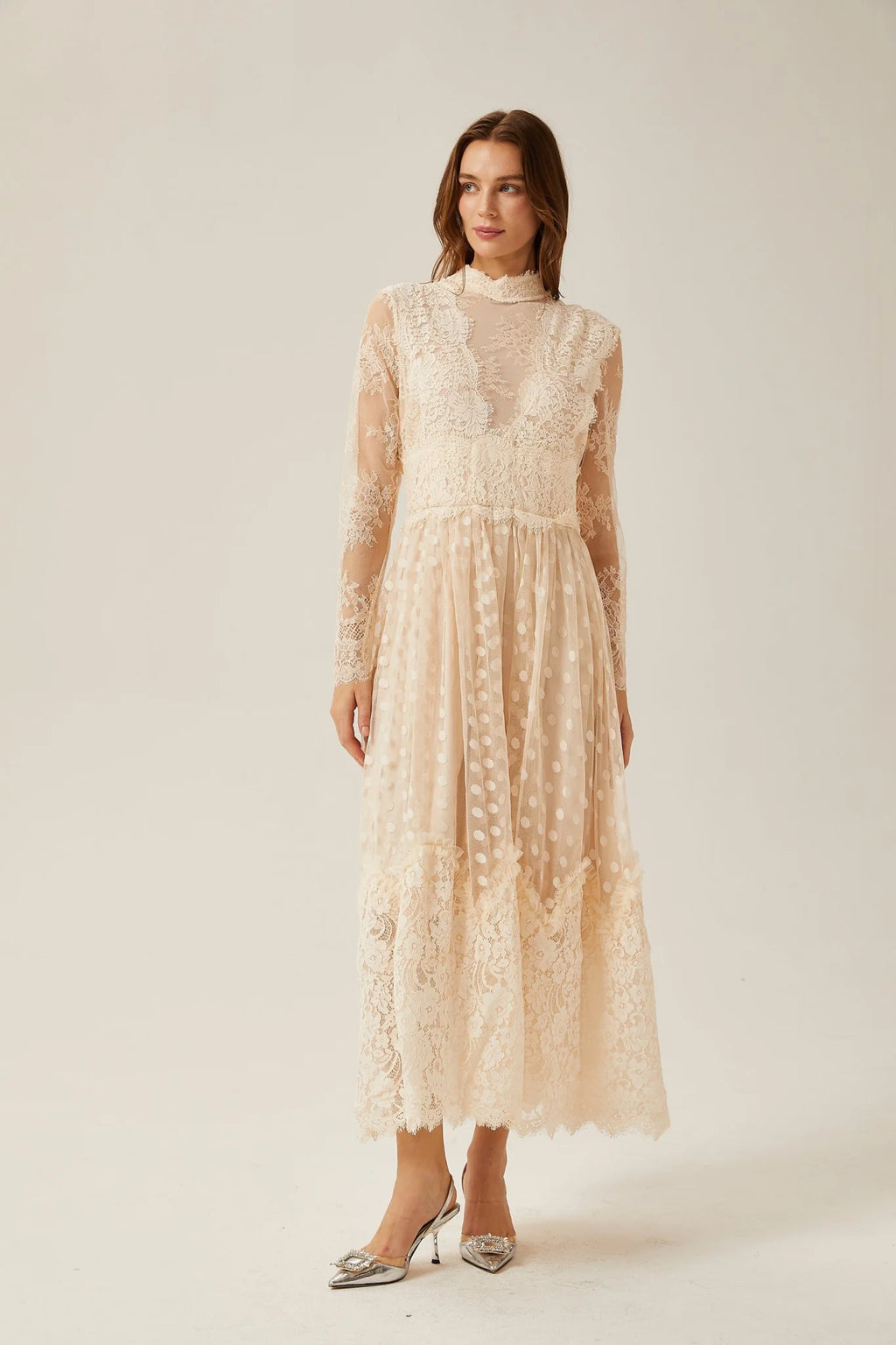 Morgan Polka - Dot Lace - Trim Midi Dress