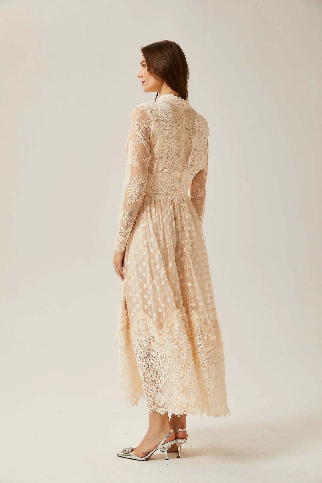 Morgan Polka - Dot Lace - Trim Midi Dress