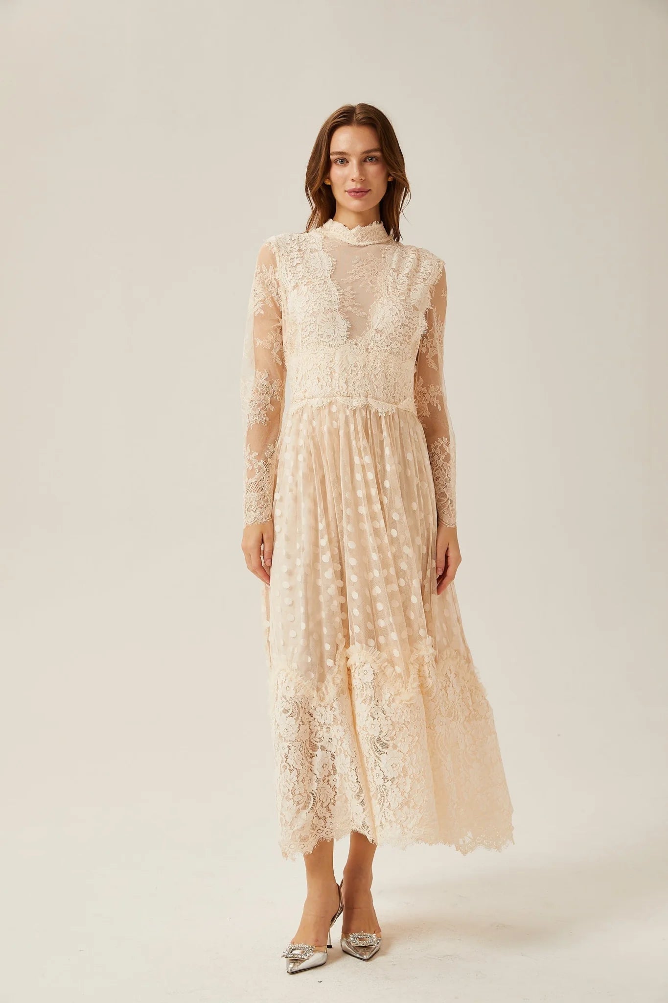 Morgan Polka - Dot Lace - Trim Midi Dress