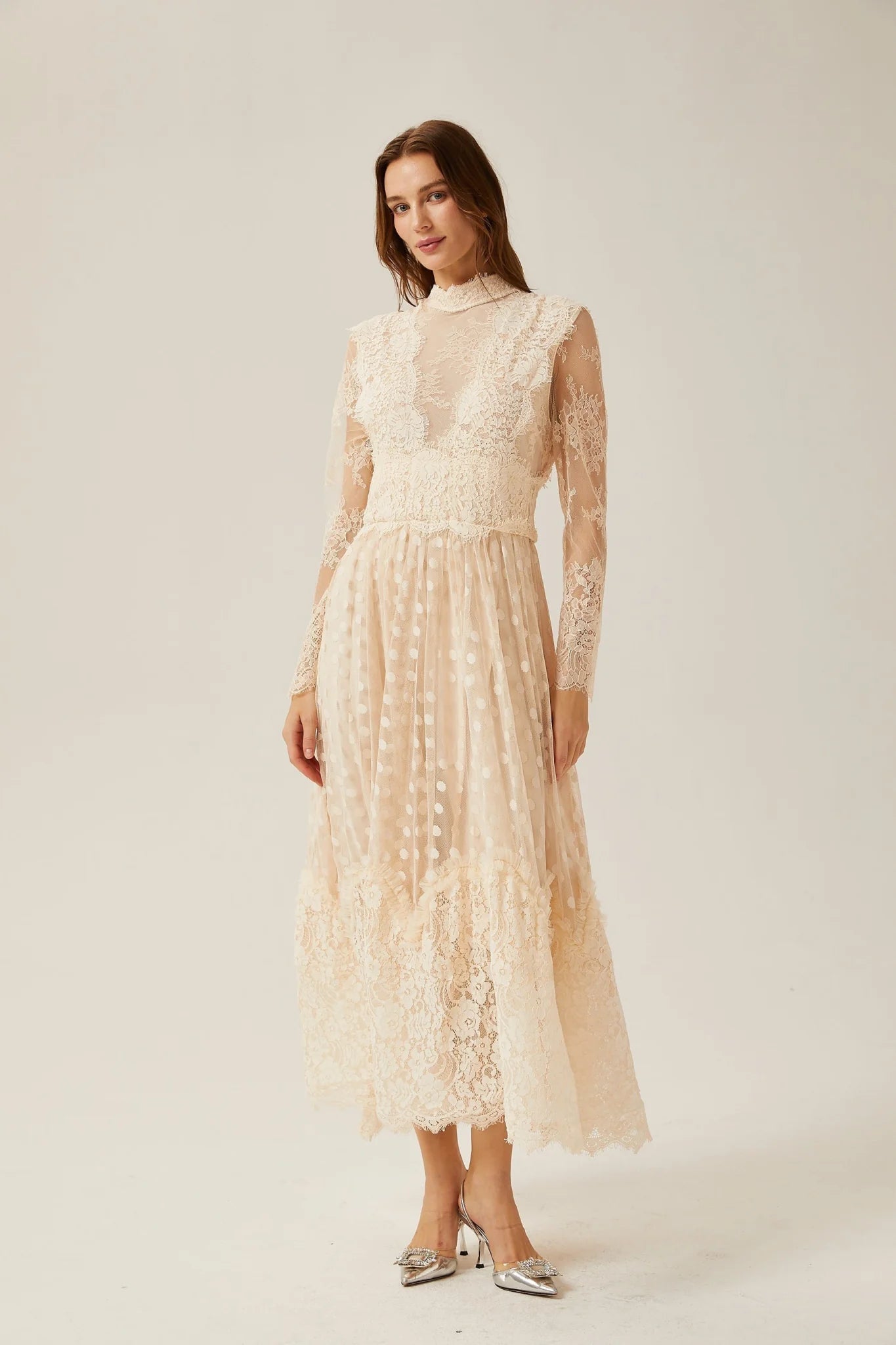 Morgan Polka - Dot Lace - Trim Midi Dress