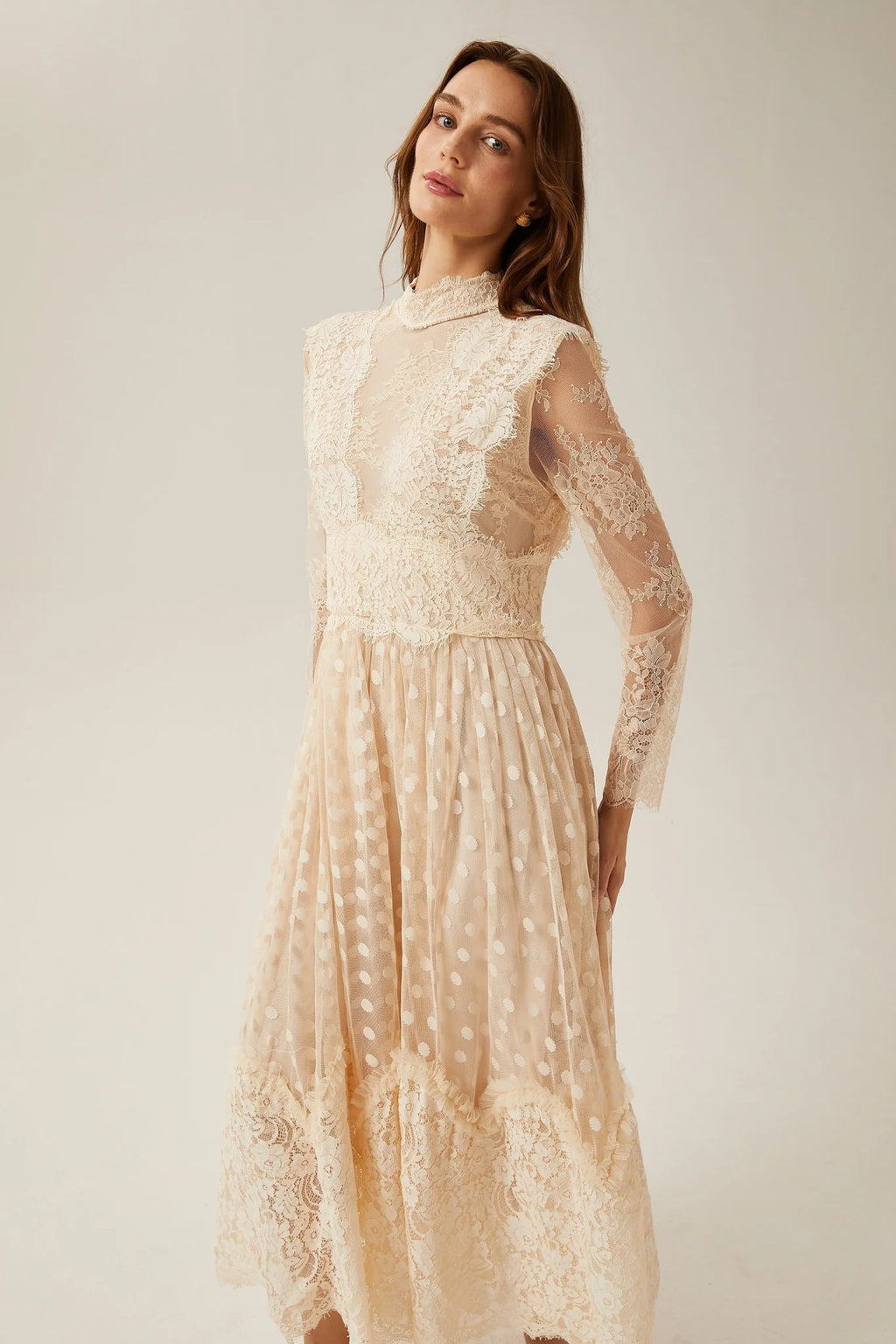 Morgan Polka - Dot Lace - Trim Midi Dress