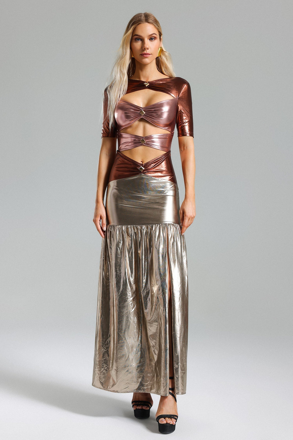 Myla Gold Metallic Cut-Out Maxi Dress for Evening Events and Special Occasions