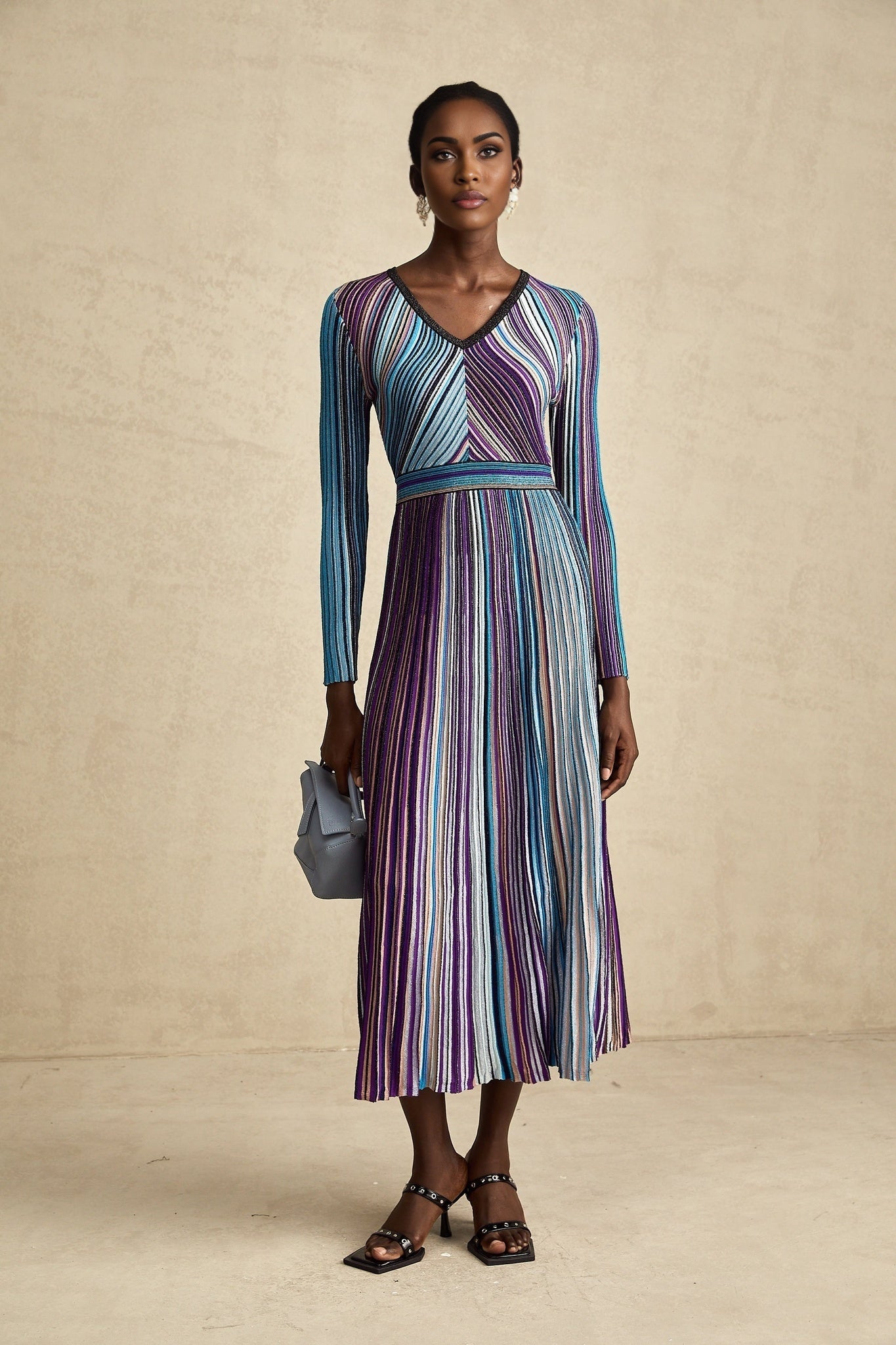 Myla Midi Dress Blue Metallic Pleated VNeck Ribbed Knit