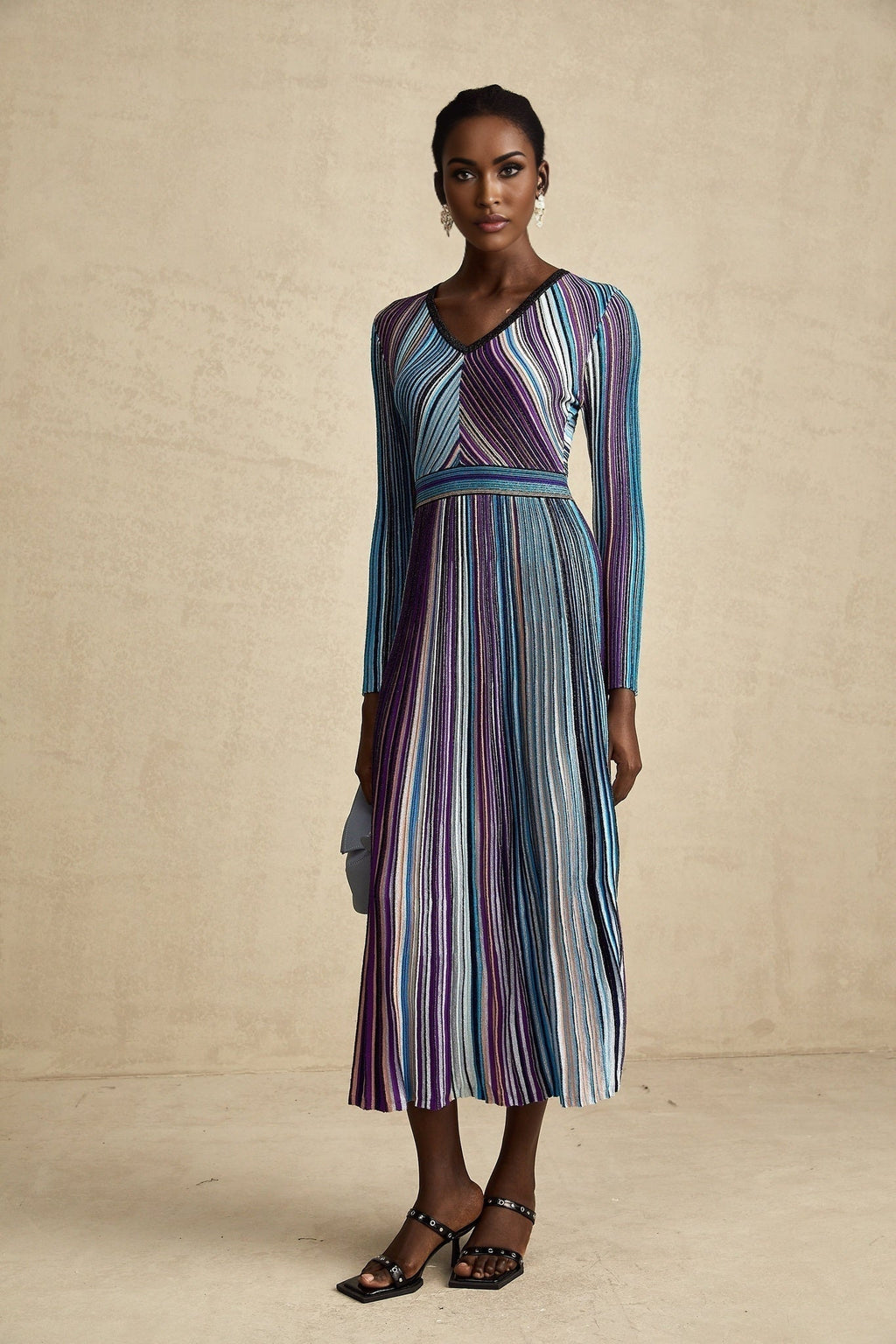 Myla Midi Dress Blue Metallic Pleated VNeck Ribbed Knit
