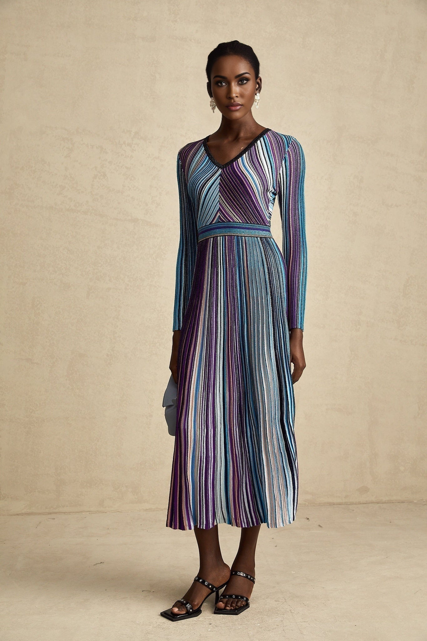 Myla Midi Dress Blue Metallic Pleated VNeck Ribbed Knit