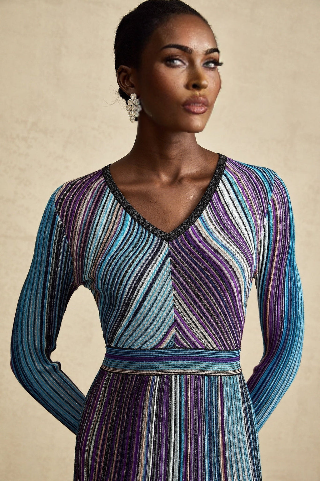 Myla Midi Dress Blue Metallic Pleated VNeck Ribbed Knit