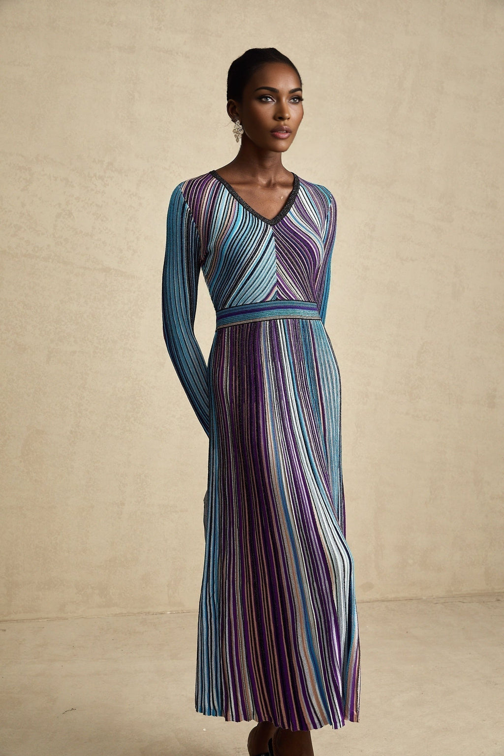 Myla Midi Dress Blue Metallic Pleated VNeck Ribbed Knit
