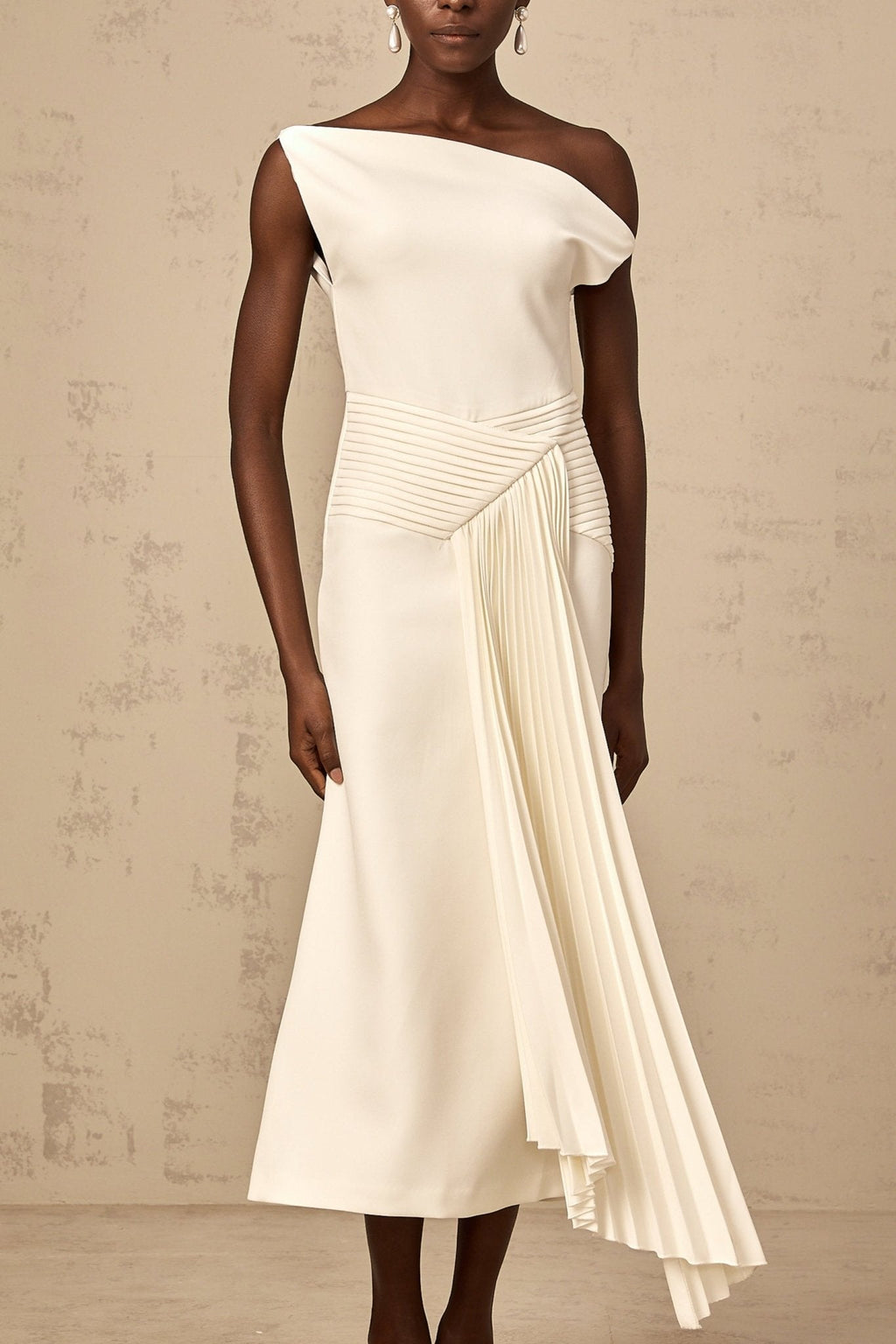 Myla Midi Dress White Asymmetric Draped Pleated Calf Length