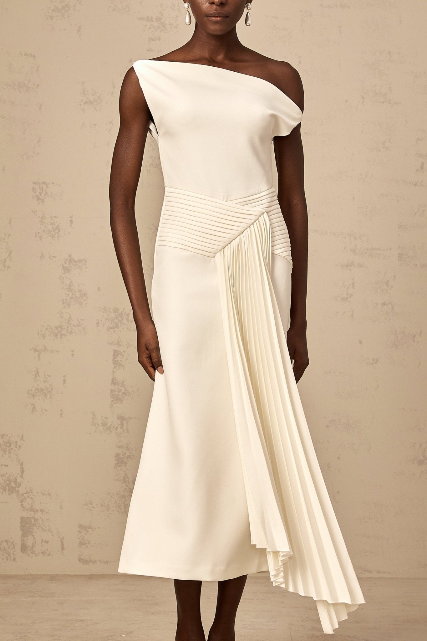 Myla Midi Dress White Asymmetric Draped Pleated Calf Length