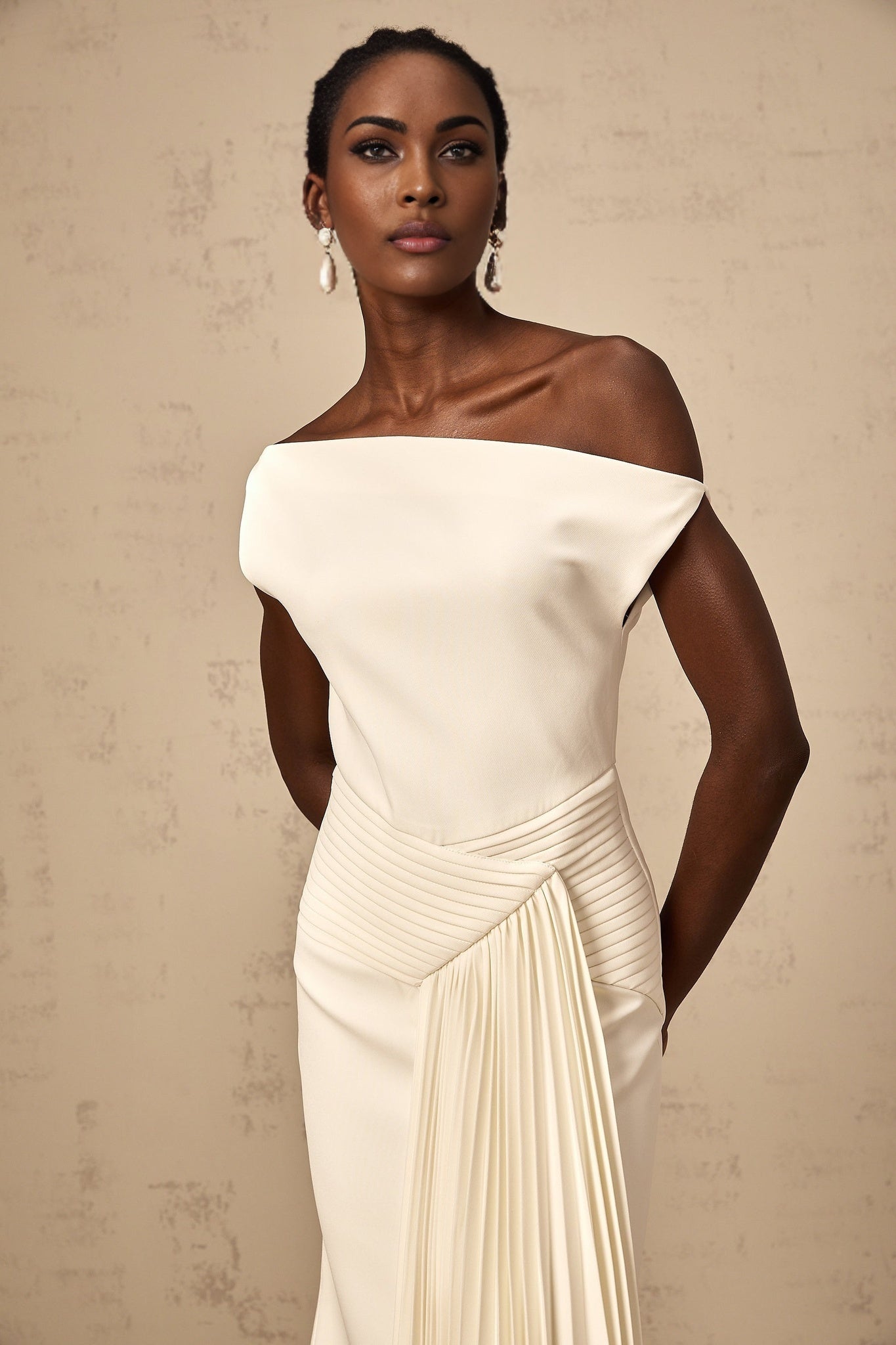 Myla Midi Dress White Asymmetric Draped Pleated Calf Length