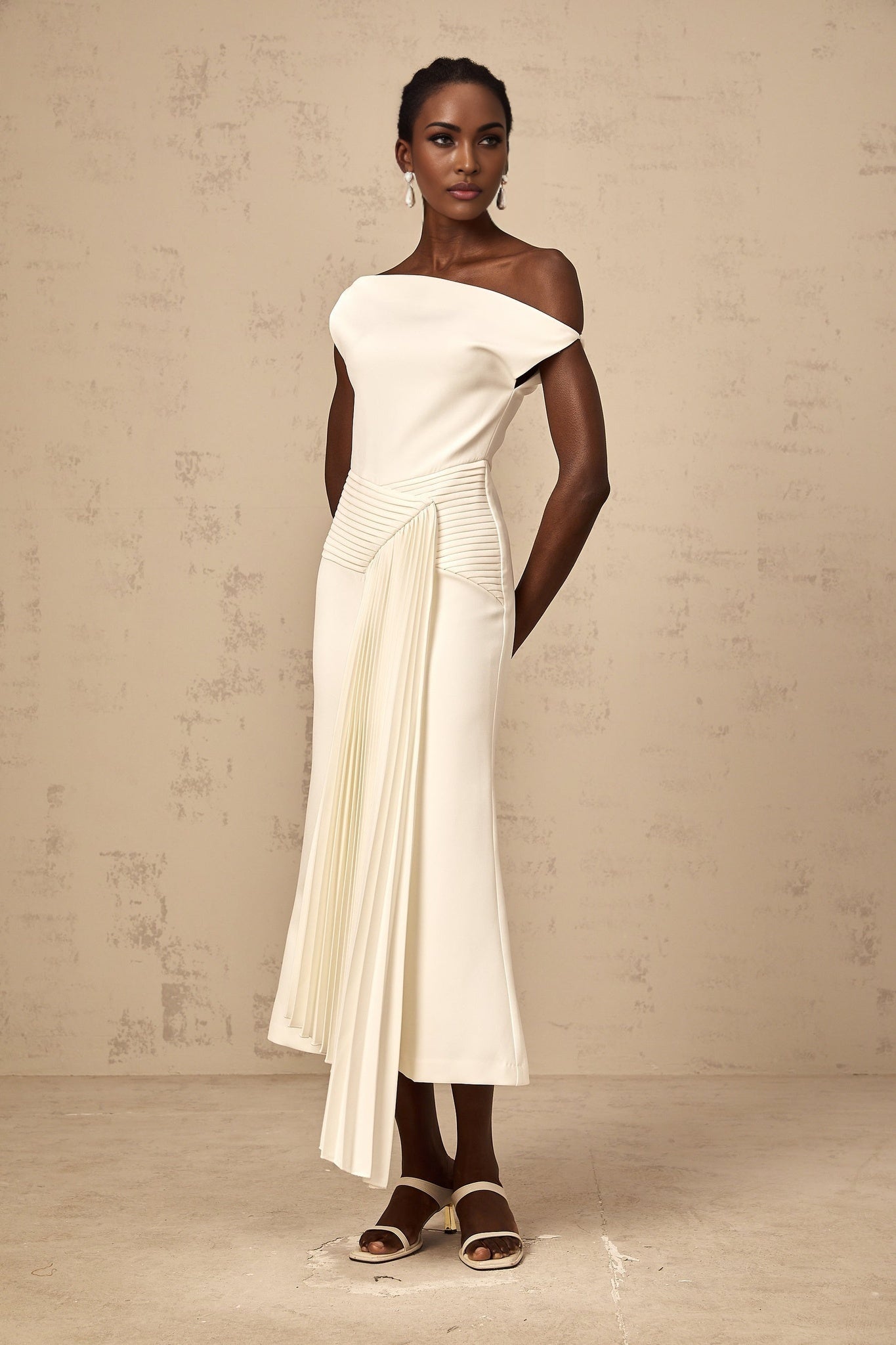 Myla Midi Dress White Asymmetric Draped Pleated Calf Length