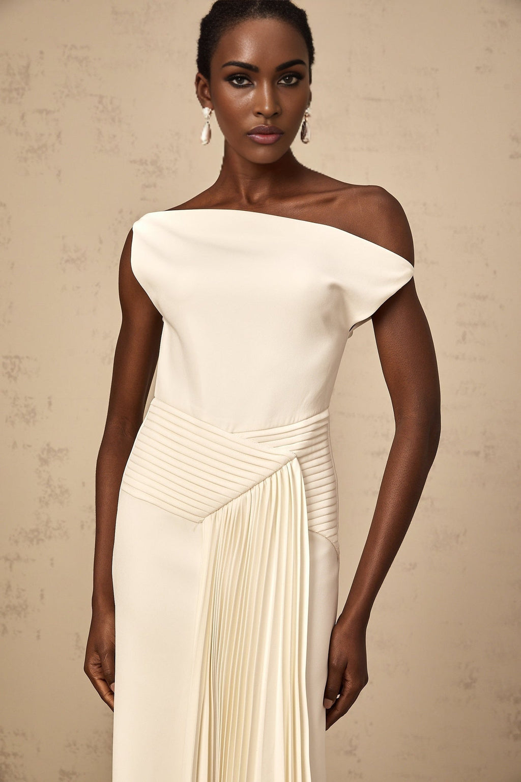 Myla Midi Dress White Asymmetric Draped Pleated Calf Length