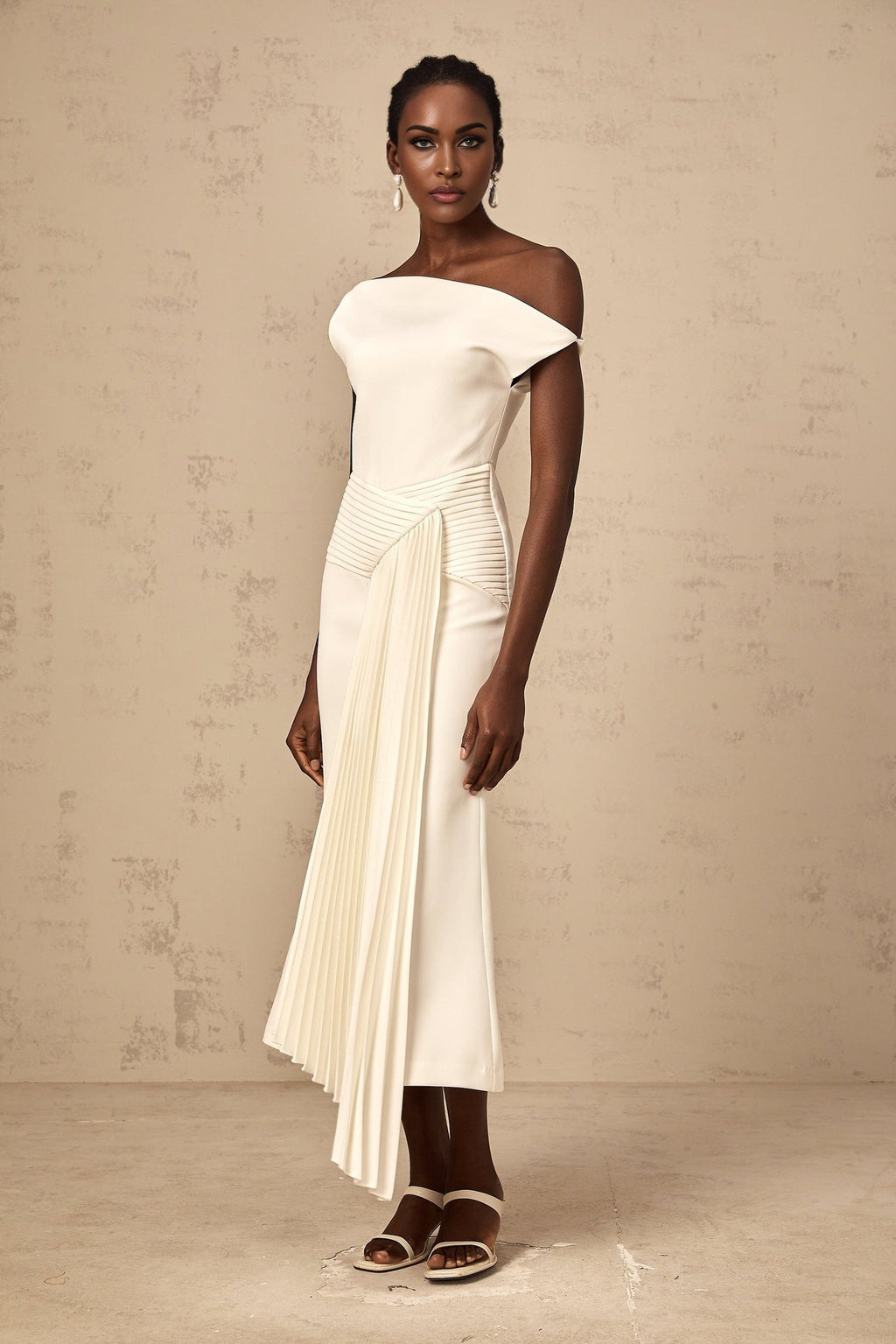 Myla Midi Dress White Asymmetric Draped Pleated Calf Length