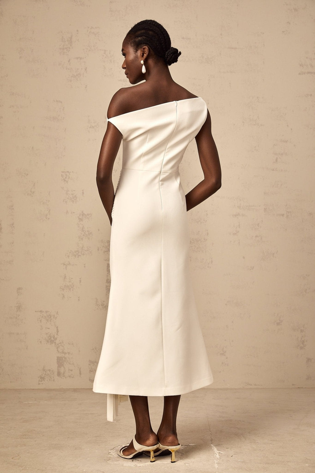 Myla Midi Dress White Asymmetric Draped Pleated Calf Length