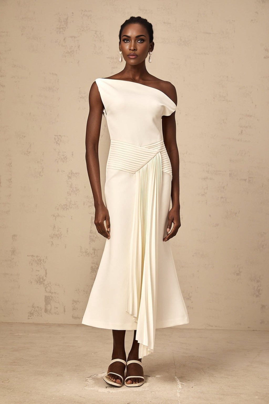 Myla Midi Dress White Asymmetric Draped Pleated Calf Length
