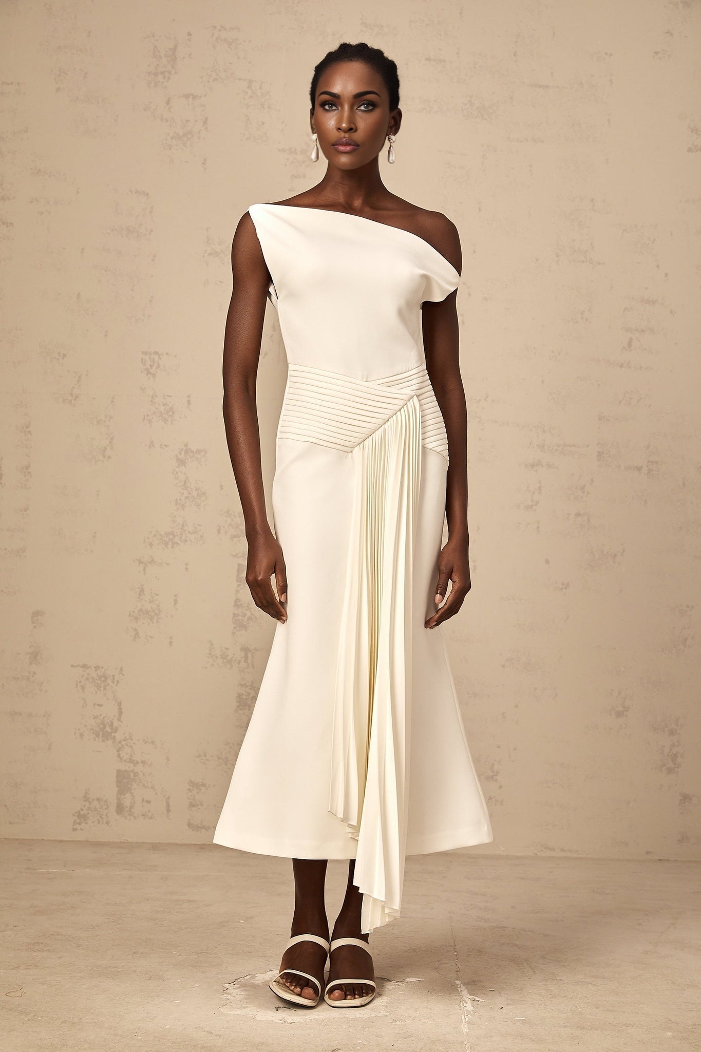 Myla Midi Dress White Asymmetric Draped Pleated Calf Length