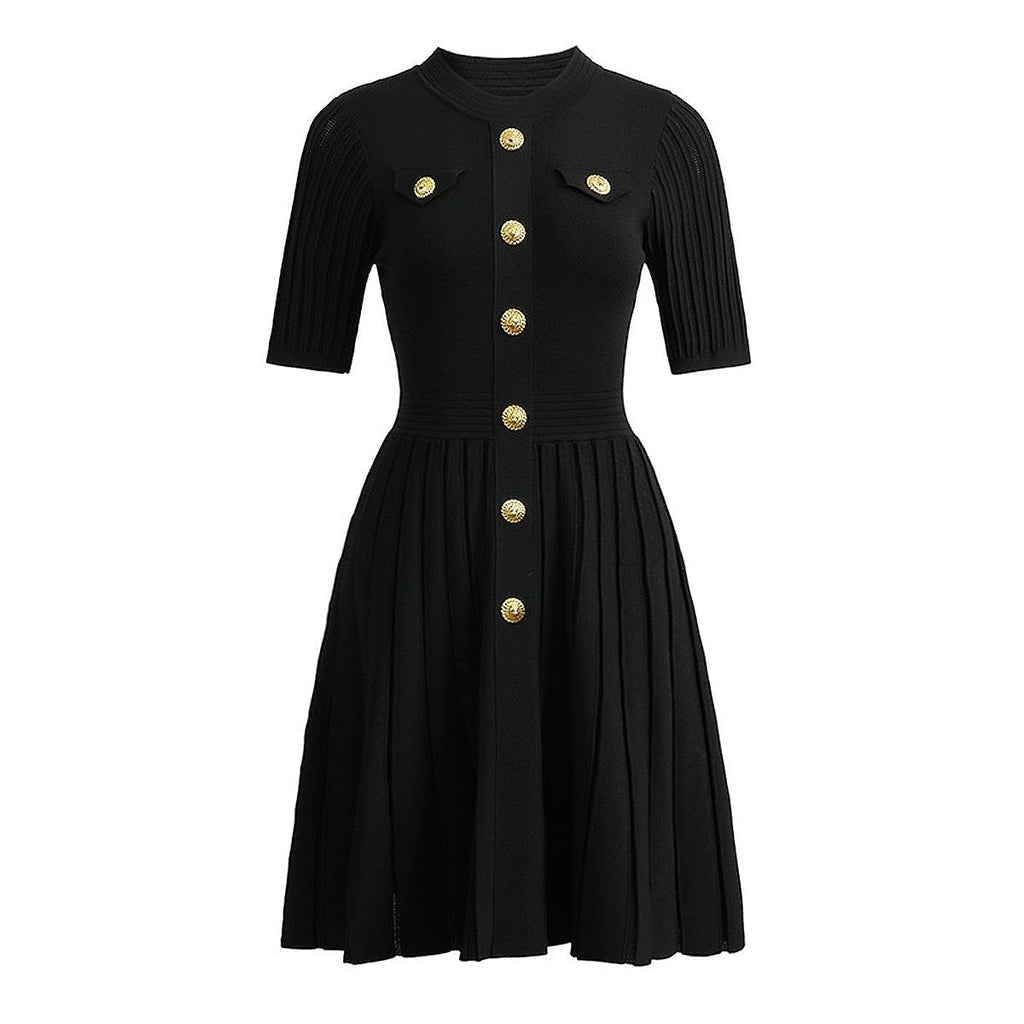 Nadia Dress - A - Line Silhouette With Pleated Skirt - Tailored Bodice - Flared Bottom - Gold Button Embellishments