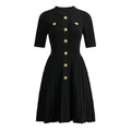 Nadia Dress - A - Line Silhouette With Pleated Skirt - Tailored Bodice - Flared Bottom - Gold Button Embellishments