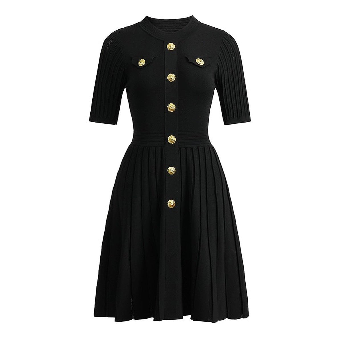 Nadia Dress - A - Line Silhouette With Pleated Skirt - Tailored Bodice - Flared Bottom - Gold Button Embellishments
