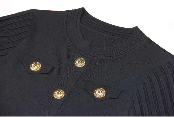 Nadia Dress - A - Line Silhouette With Pleated Skirt - Tailored Bodice - Flared Bottom - Gold Button Embellishments