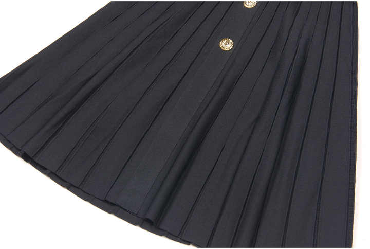 Nadia Dress - A - Line Silhouette With Pleated Skirt - Tailored Bodice - Flared Bottom - Gold Button Embellishments