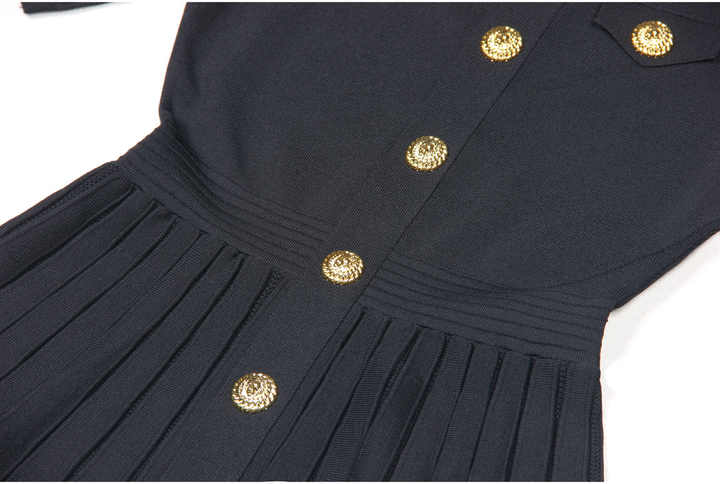 Nadia Dress - A - Line Silhouette With Pleated Skirt - Tailored Bodice - Flared Bottom - Gold Button Embellishments