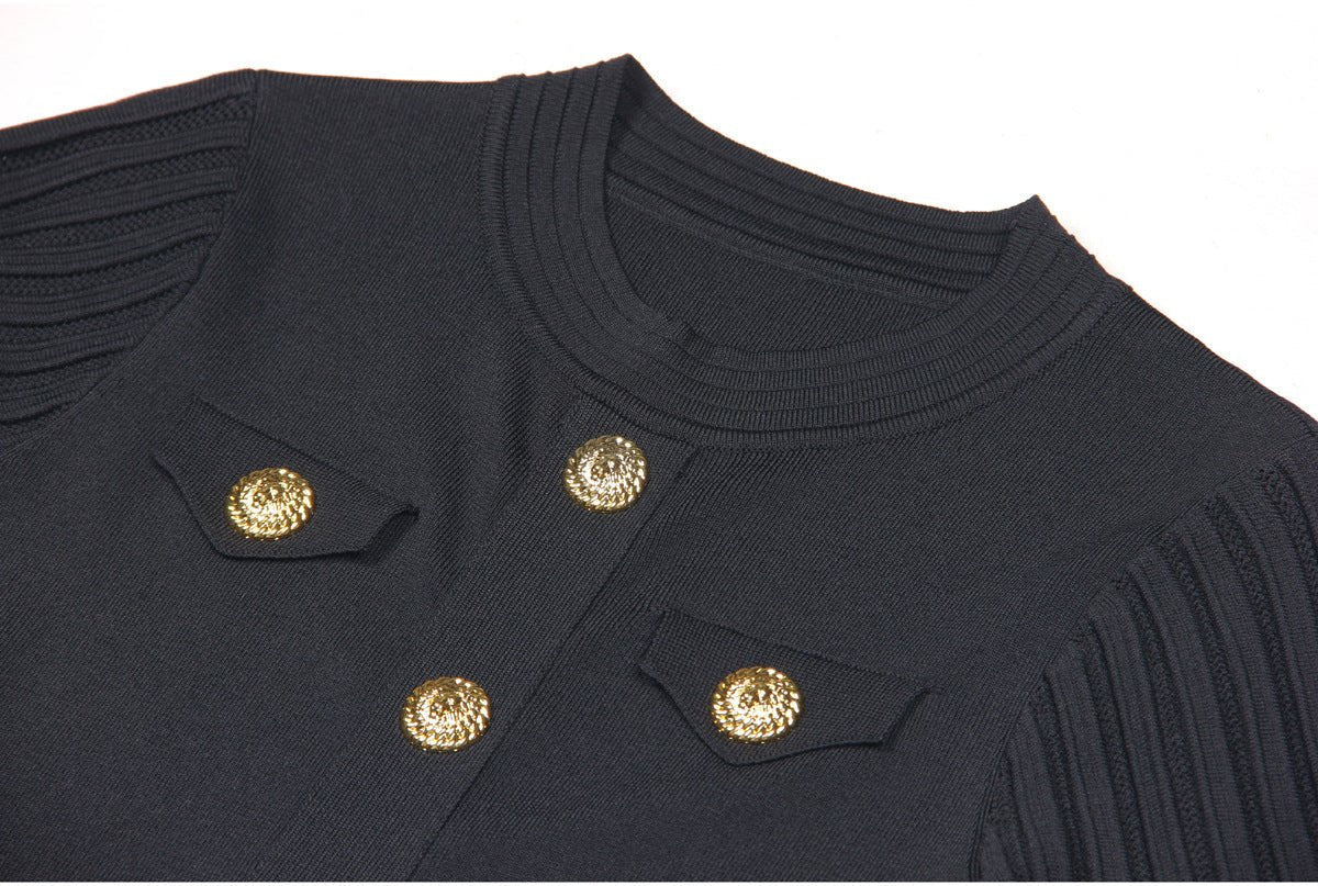 Nadia Dress - A - Line Silhouette With Pleated Skirt - Tailored Bodice - Flared Bottom - Gold Button Embellishments