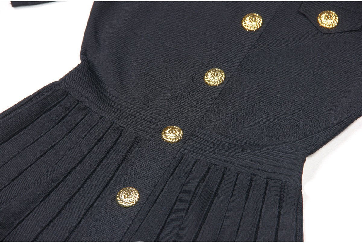 Nadia Dress - A - Line Silhouette With Pleated Skirt - Tailored Bodice - Flared Bottom - Gold Button Embellishments