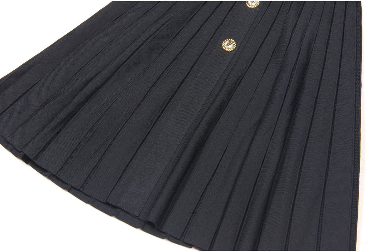 Nadia Dress - A - Line Silhouette With Pleated Skirt - Tailored Bodice - Flared Bottom - Gold Button Embellishments