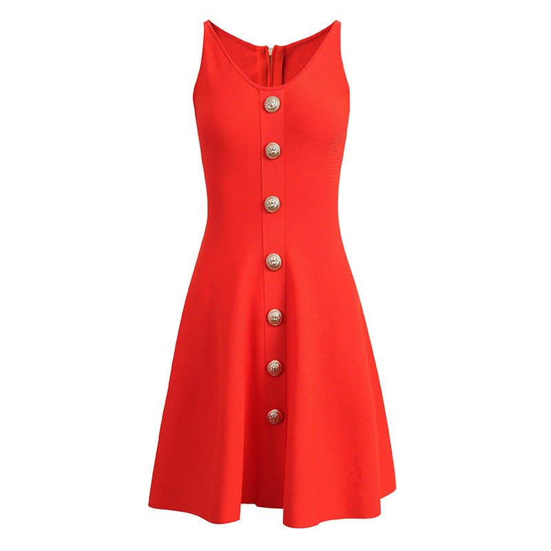 Nadia Dress - Figure - Enhancing Silhouette - Flared A - Line Skirt - Statement Button Details - V - Neckline Feminine Touch