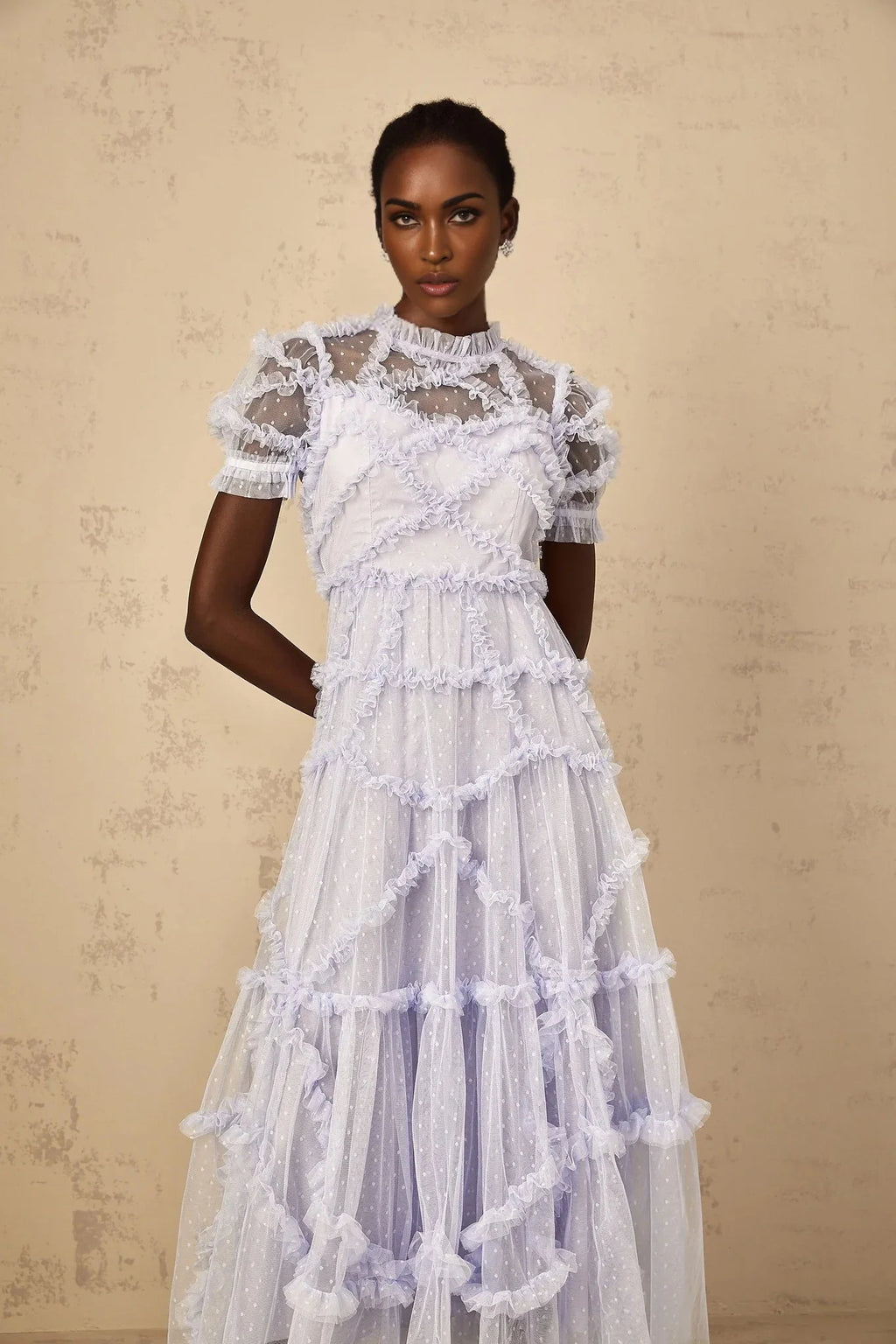 Nadia Maxi Dress Blue Polka Dot Tiered Ruffle Tulle Sheer