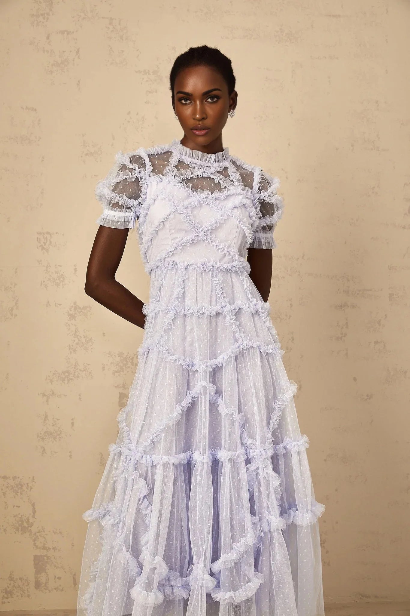 Nadia Maxi Dress Blue Polka Dot Tiered Ruffle Tulle Sheer