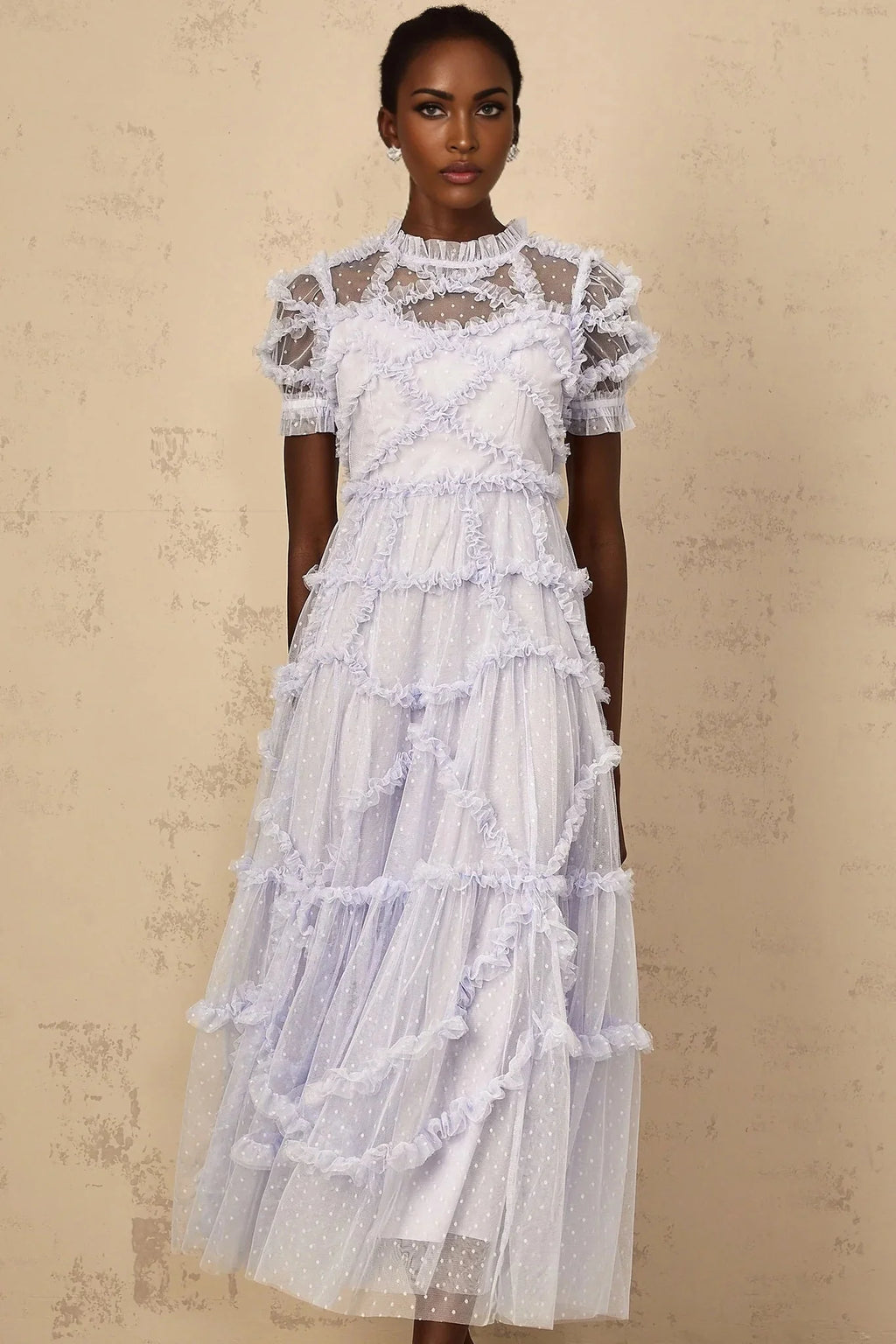 Nadia Maxi Dress Blue Polka Dot Tiered Ruffle Tulle Sheer