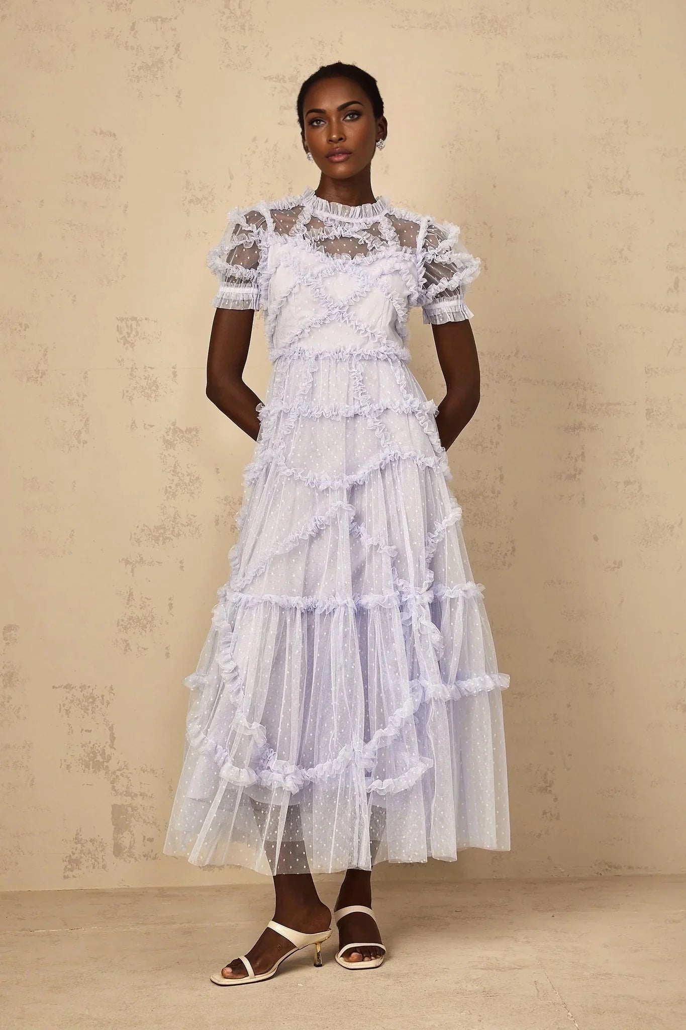 Nadia Maxi Dress Blue Polka Dot Tiered Ruffle Tulle Sheer