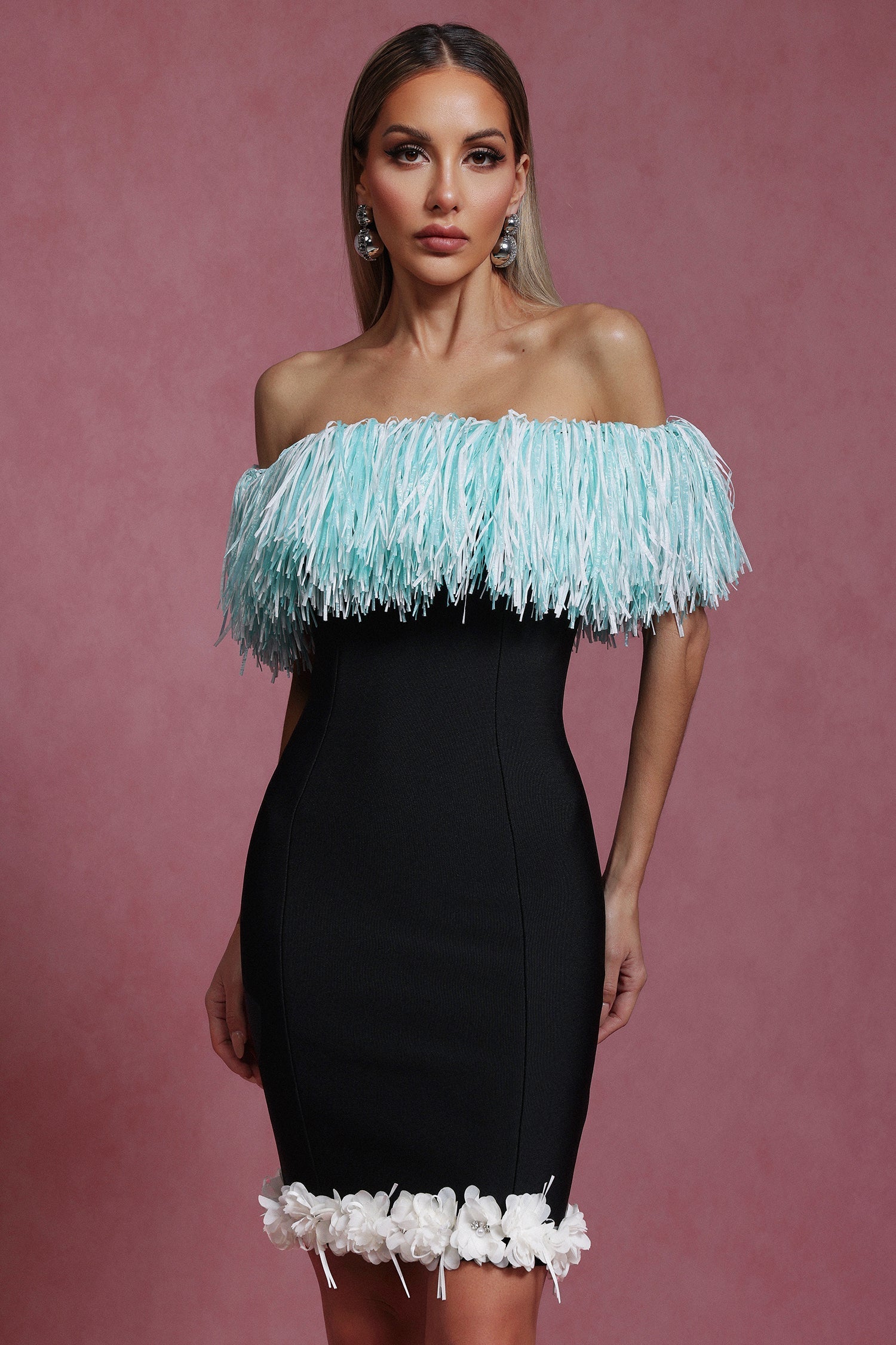 Naomi Black Off-Shoulder Tassel Detail Mini Dress with Floral Embellishments