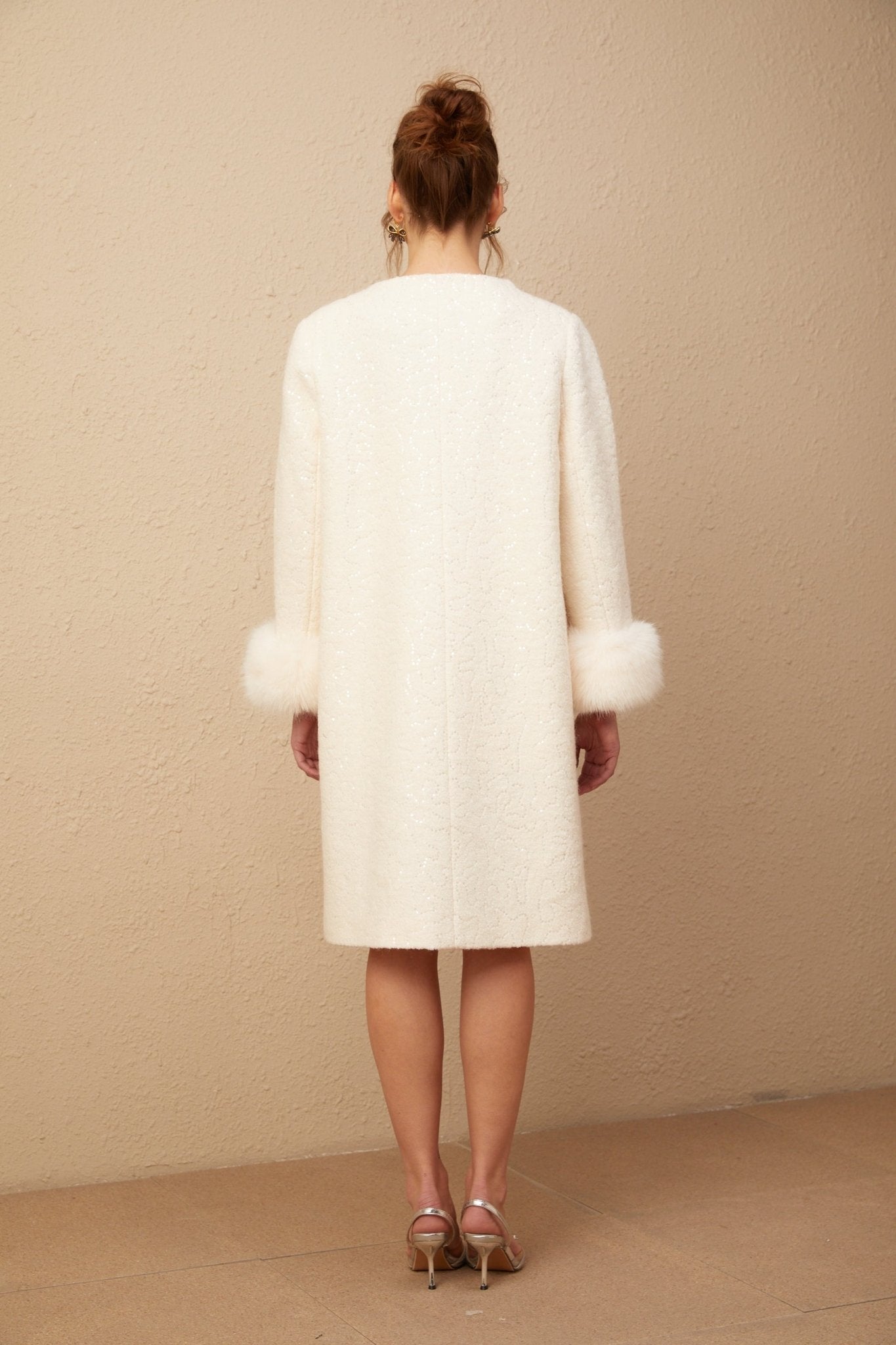 Naomi Coat White Textured Fur Crystal Button Detail
